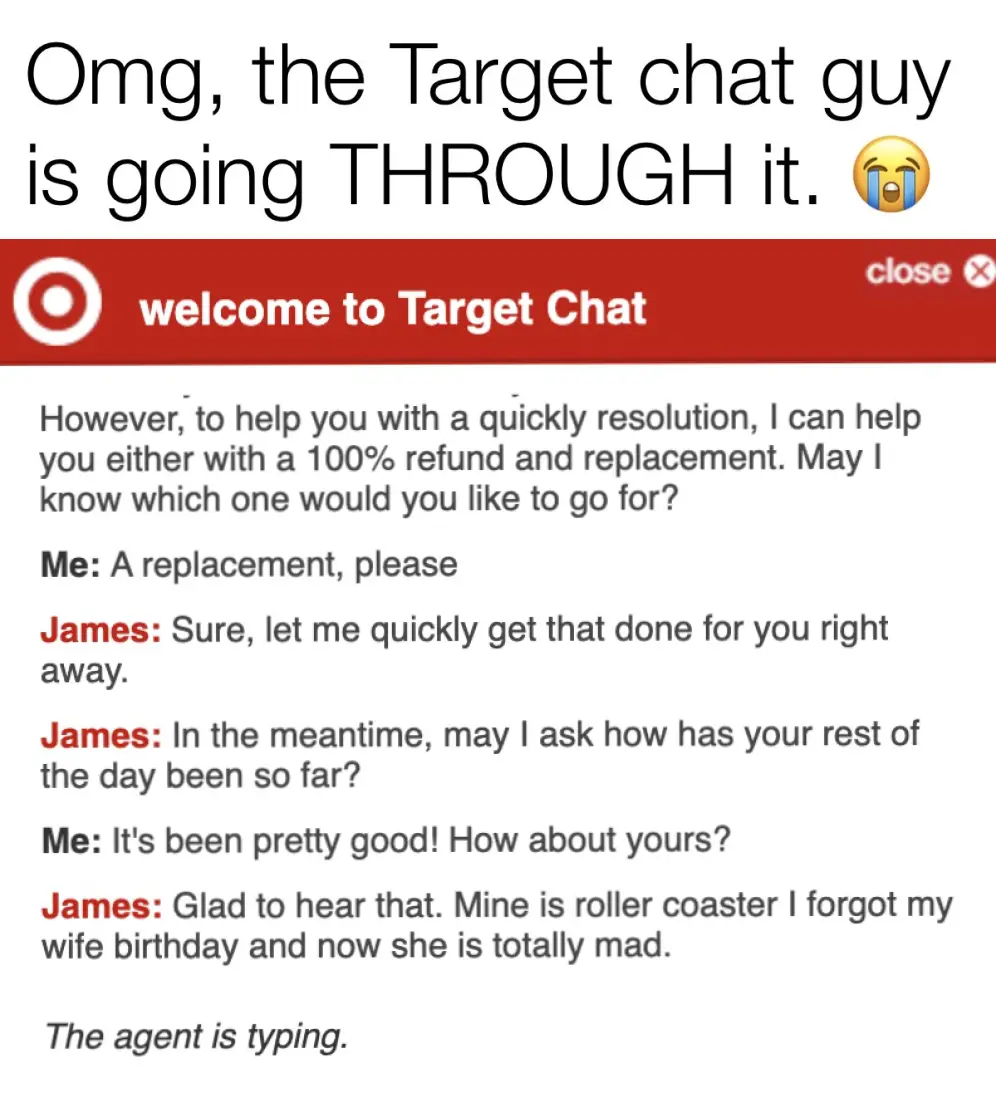 A screenshot of a Target customer service chat conversation where the customer requests a replacement, and the agent, James…