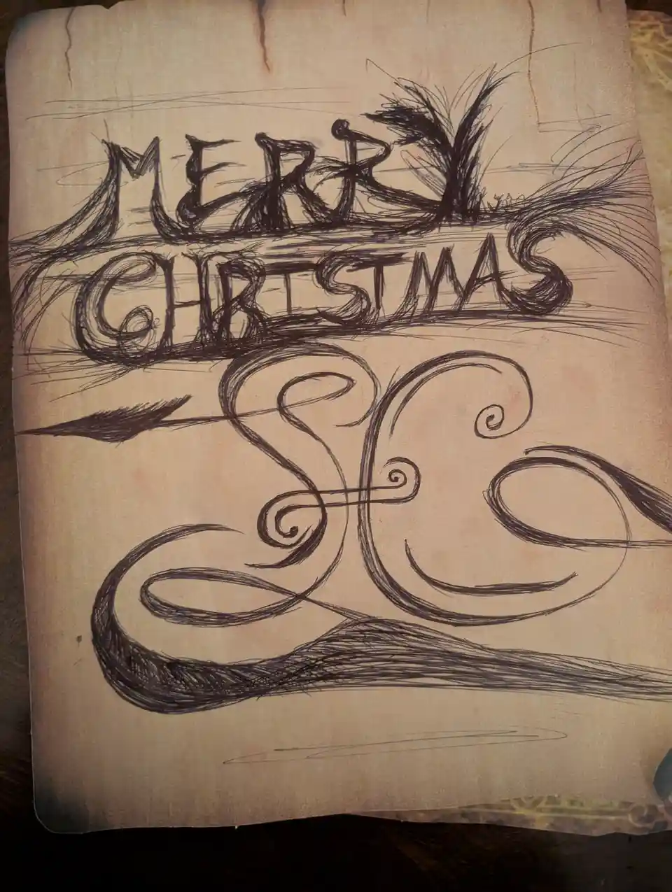 A hand-drawn, ornate, black ink illustration on aged parchment paper reads 'MERRY CHRISTMAS SC' in a stylized, swirling…