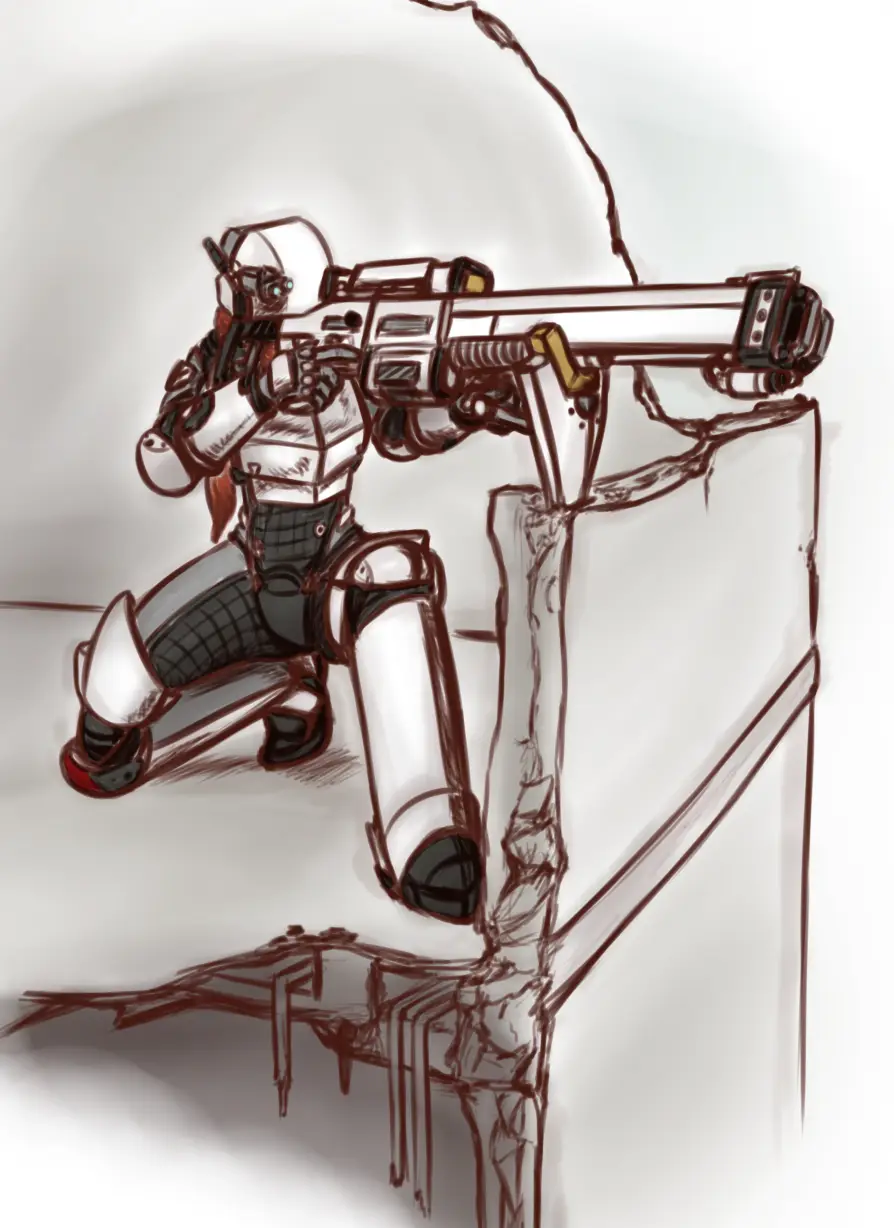 A sketch-style drawing shows a character in futuristic armor kneeling behind a broken wall, aiming a large, complex weapon…