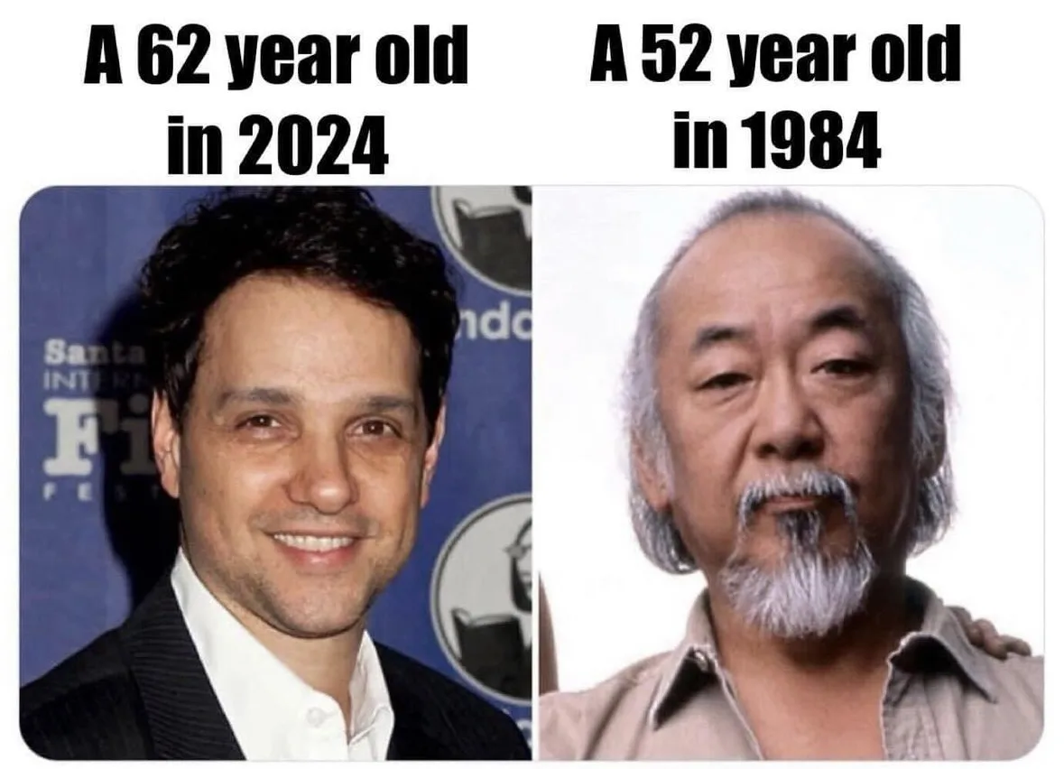 The image displays two side-by-side photos: on the left, a younger man with dark hair smiling in front of a blue 'Santa Fe…