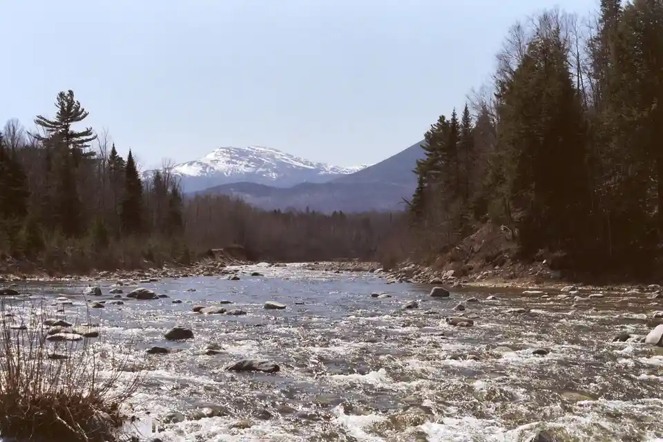 A scenic photo of a rushing river with rocks, flanked by dense forests and snow-capped mountains in the background under a…