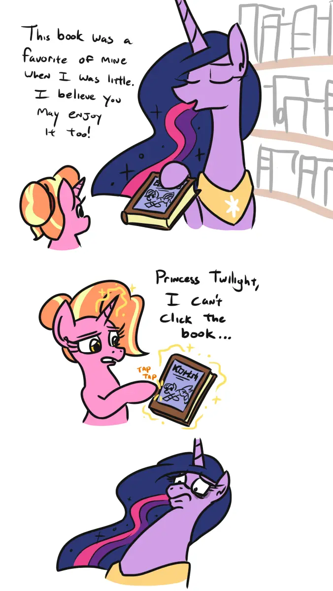 A three-panel comic strip featuring Twilight Sparkle giving a book to Pinkie Pie. In the first panel, Twilight offers the…