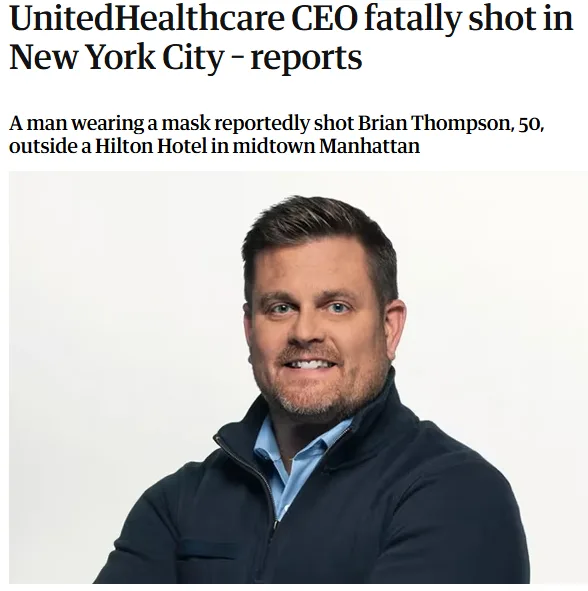 A news article headline reads 'UnitedHealthcare CEO fatally shot in New York City - reports', followed by a sub-headline…