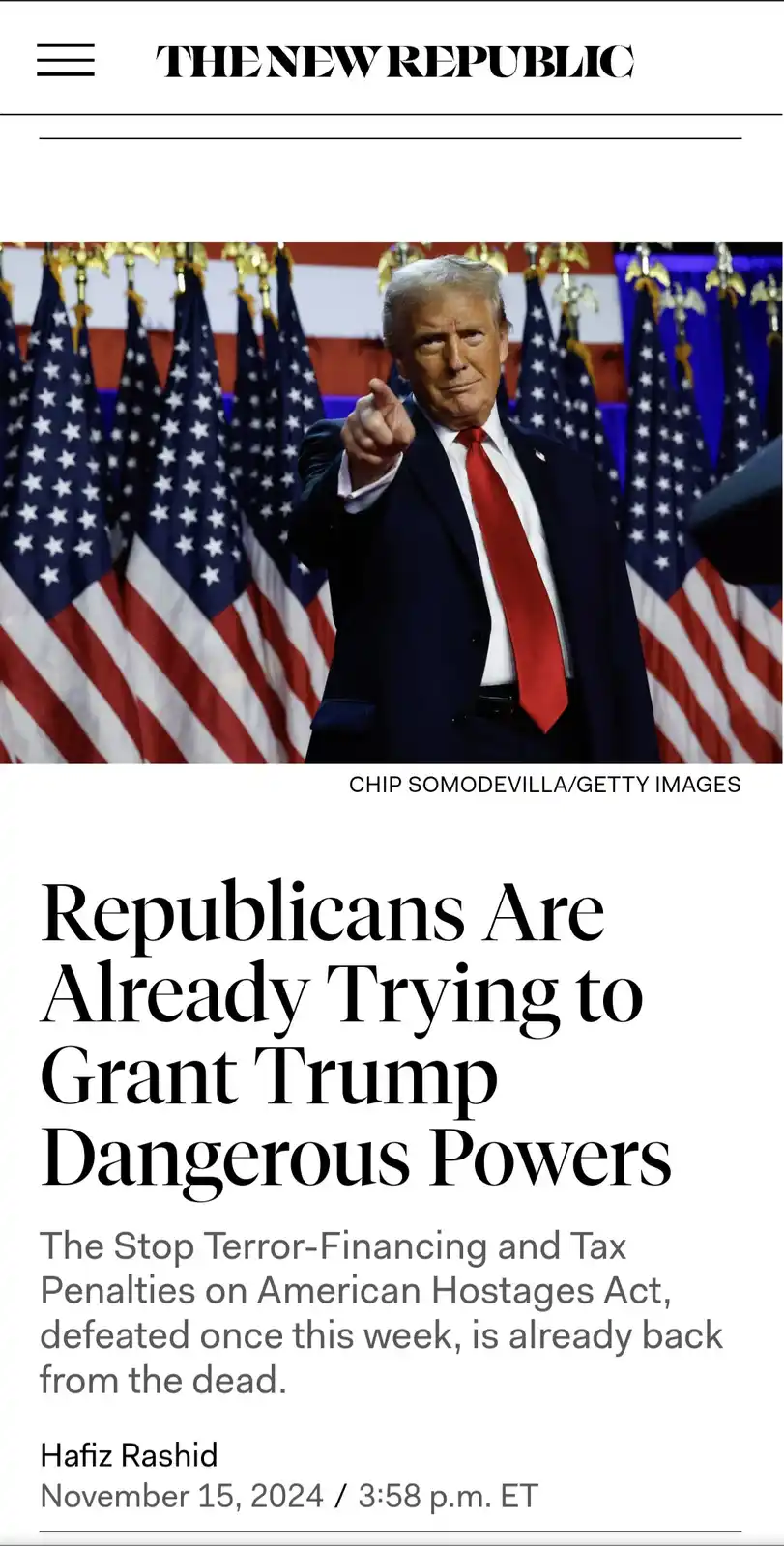 A screenshot of a The New Republic article shows Donald Trump pointing forward in front of multiple American flags. The…