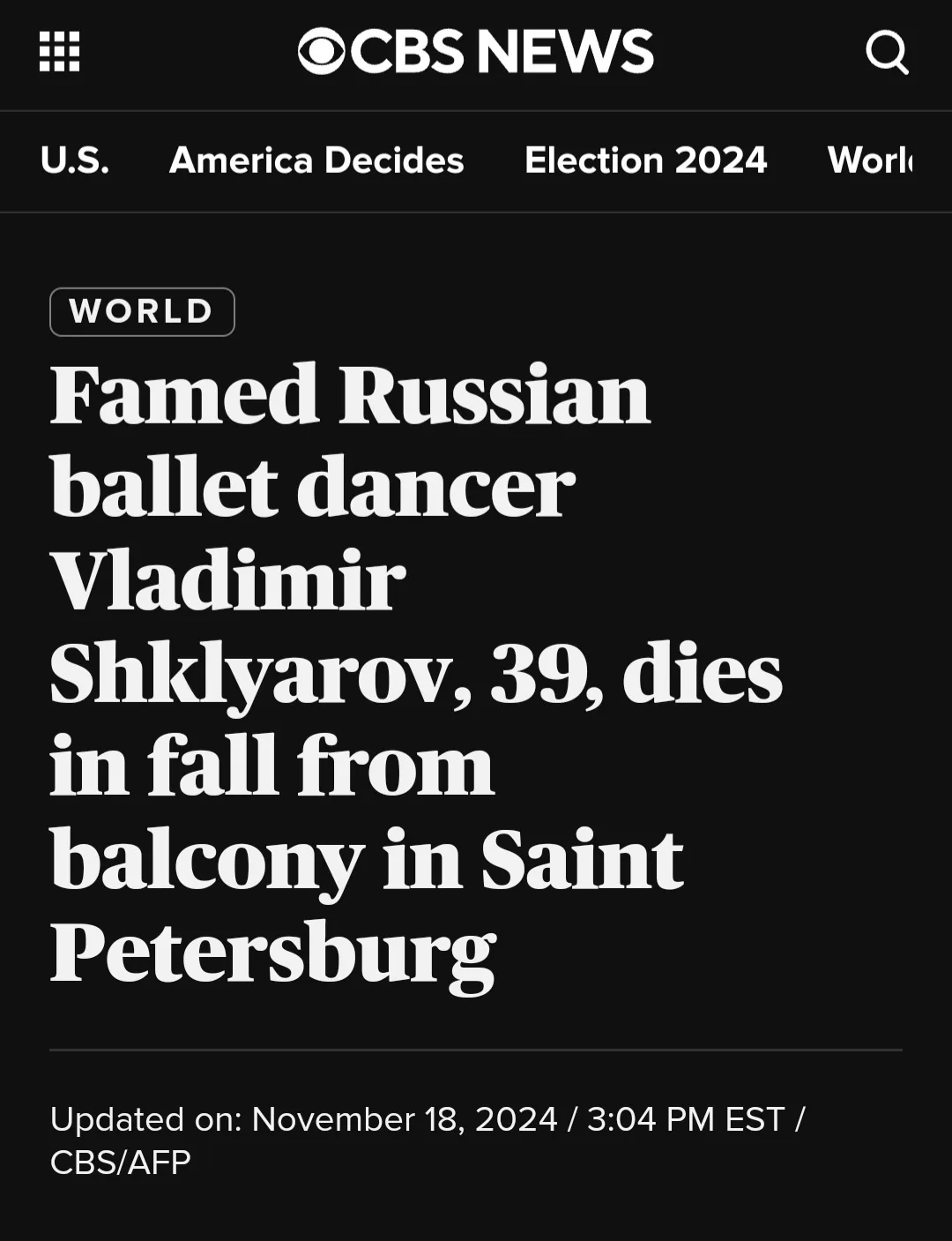 A screenshot of a CBS News article with a black background and white text, reporting the death of famed Russian ballet…