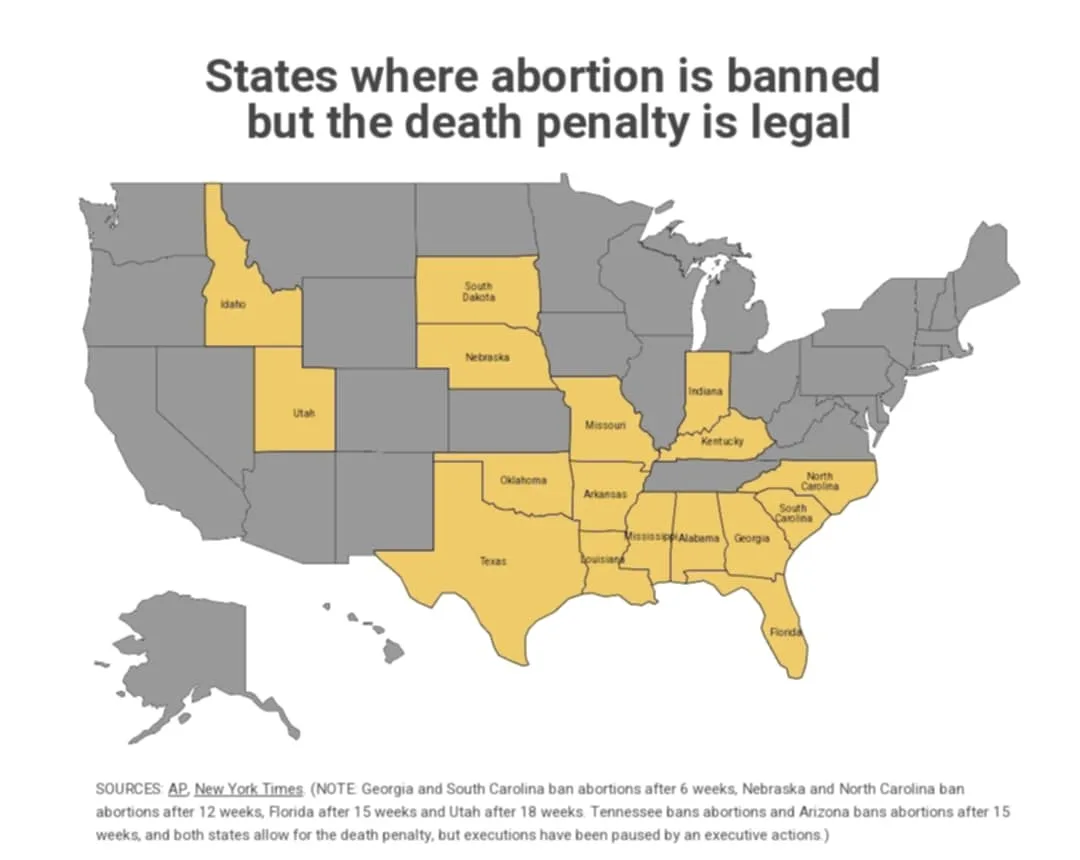 A map of the United States with states highlighted in yellow to indicate where abortion is banned but the death penalty is…