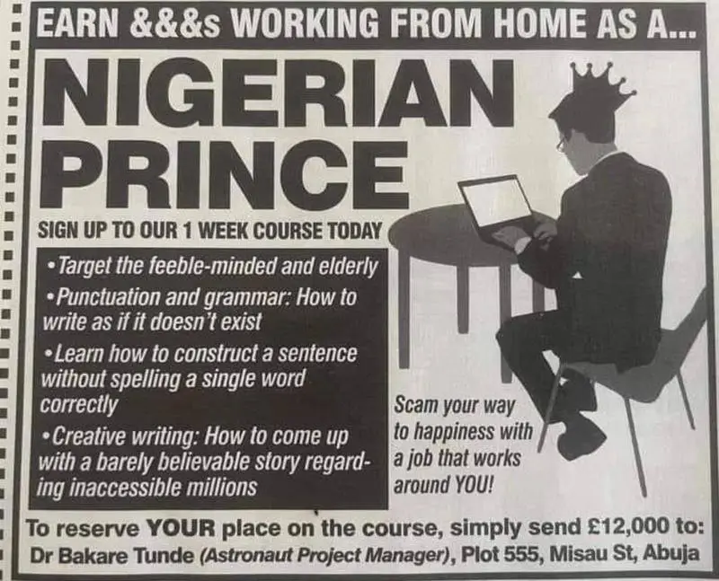 A black-and-white image mimicking a newspaper classified ad, featuring a silhouette of a man in a suit and crown sitting at…