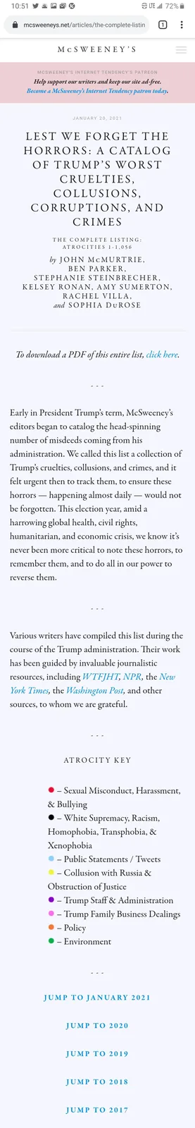The image displays a webpage from McSweeney's Internet Tendency dated January 20, 2021, titled 'LEST WE FORGET THE HORRORS…