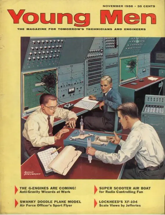 A vintage 1956 cover of 'Young Men' magazine shows three men in a retro-futuristic control room filled with dials and…