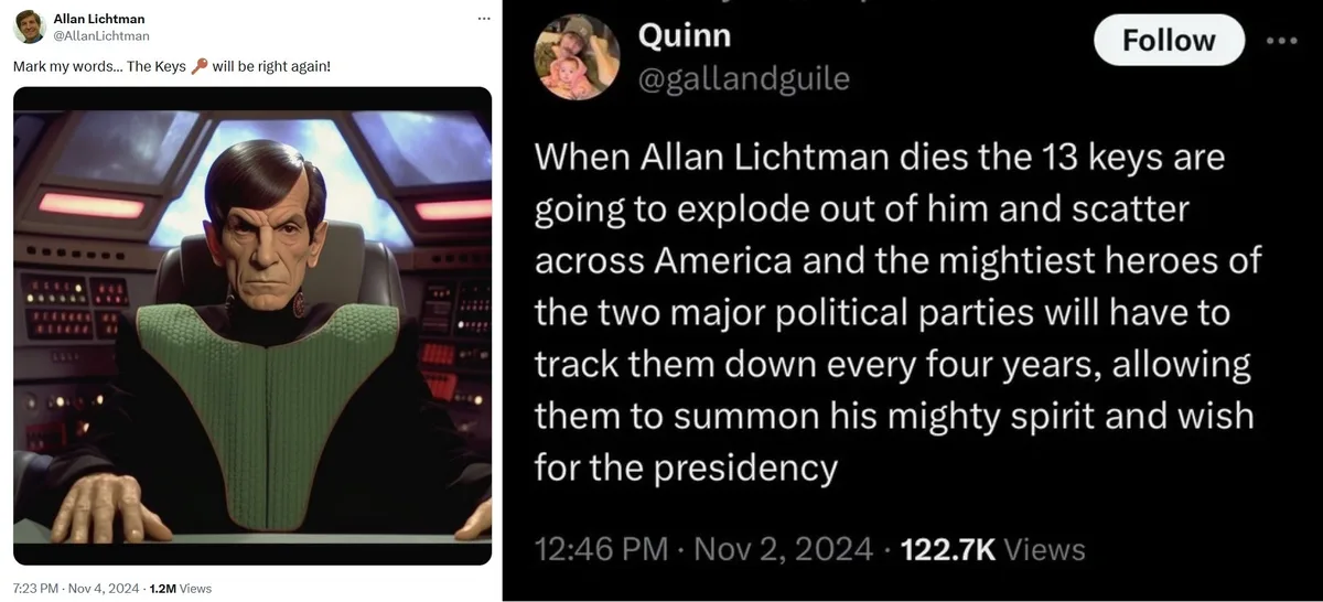 The image shows a screenshot of a Twitter post by user Quinn (@gallandguile) that reads: 'When Allan Lichtman dies the 13…