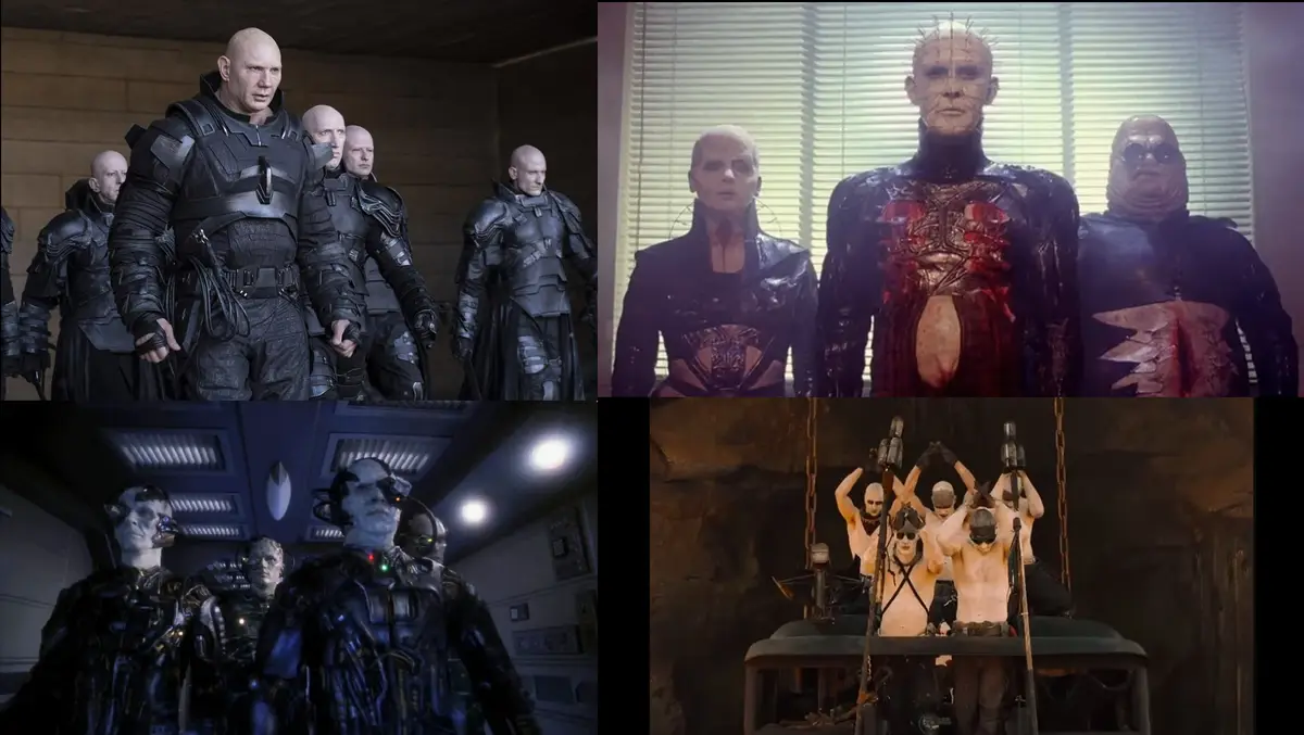 A four-panel collage shows four different groups of menacing, bald, often heavily modified or scarred characters from…