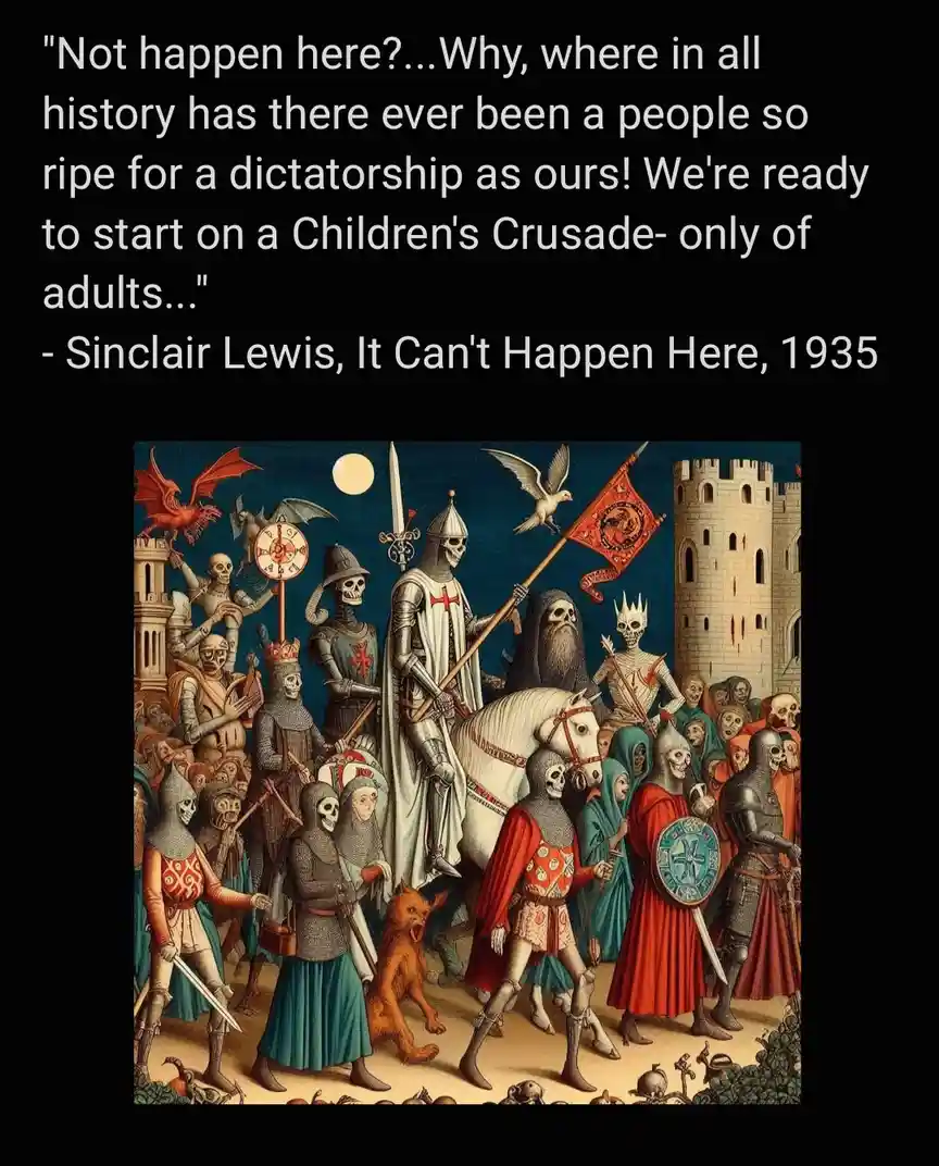 An illustration depicts a dark, medieval-style procession of skeletal knights and figures in armor marching toward a castle…