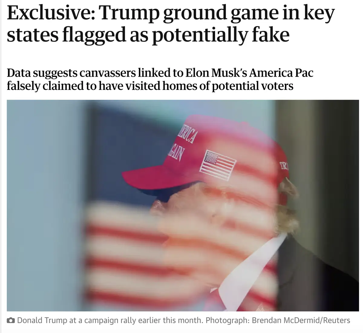 A blurred image of Donald Trump wearing a red 'Make America Great Again' cap with an American flag patch, viewed through a…
