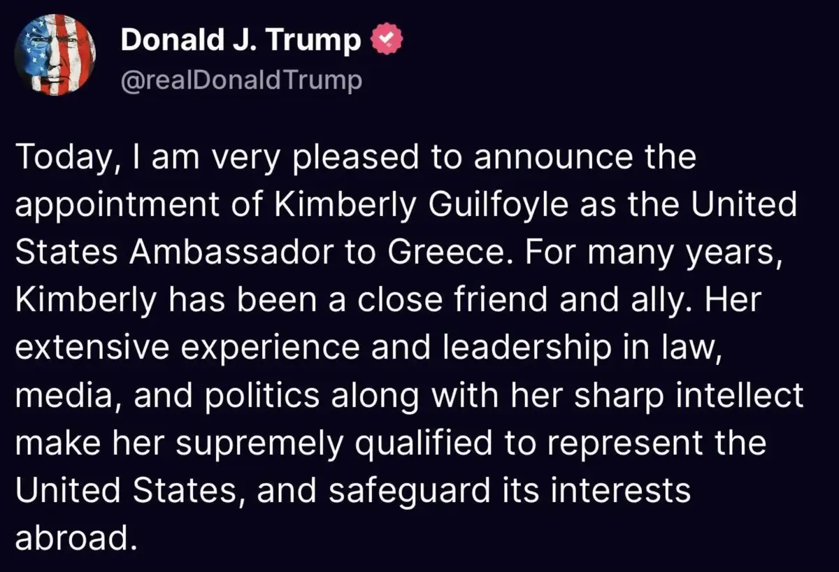 A screenshot of a tweet from Donald J. Trump's verified account, featuring his profile picture with an American flag…