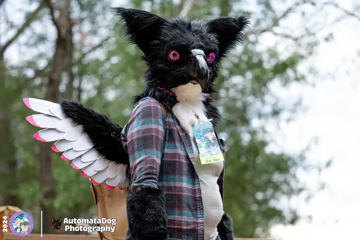 A person in a black-and-white bird-like fursuit with pink-tipped wings and a beak stands outdoors, wearing a plaid shirt…