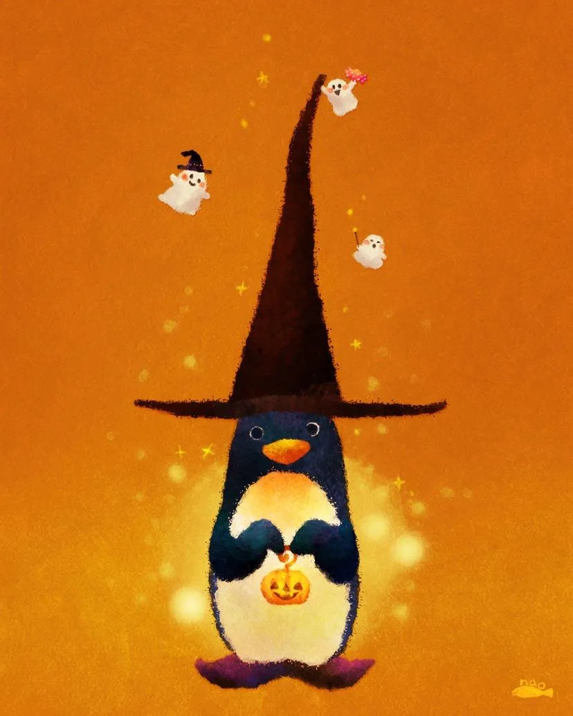 A cartoon penguin wearing a tall black witch's hat and holding a jack-o'-lantern, surrounded by floating ghosts against an…