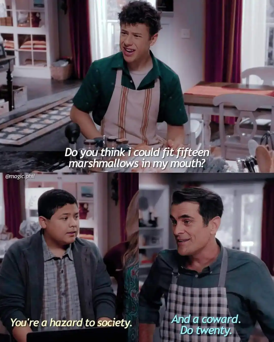 A three-panel meme from the TV show 'Young Sheldon' showing a boy asking if he can fit fifteen marshmallows in his mouth…