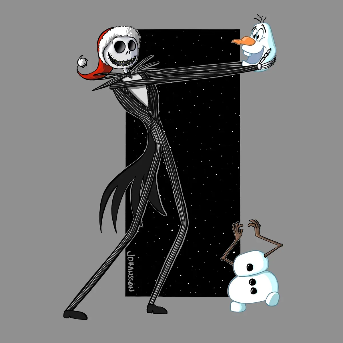 A digital illustration shows Jack Skellington wearing a Santa hat, stretching his long arms to hold Olaf from Frozen, while…