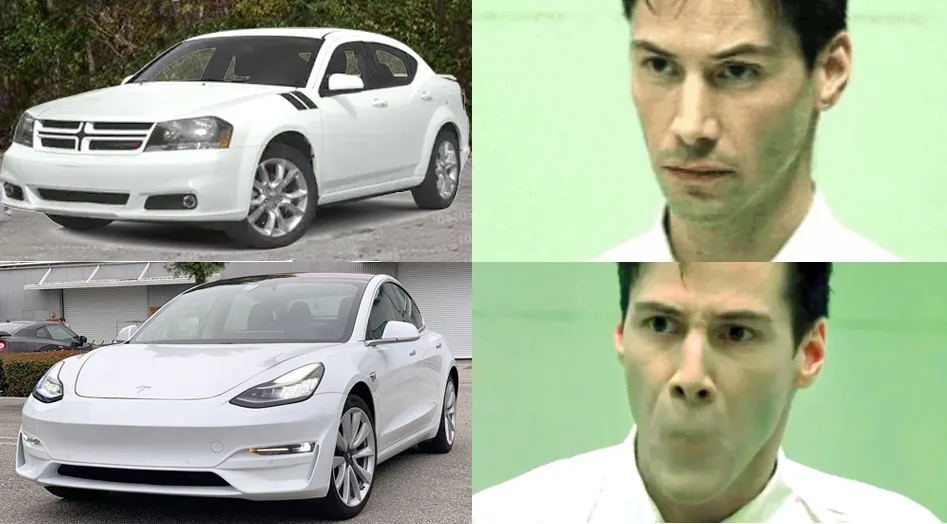 The image is a four-panel grid. Top-left shows a white Dodge Avenger sedan. Bottom-left shows a white Tesla Model 3 sedan…