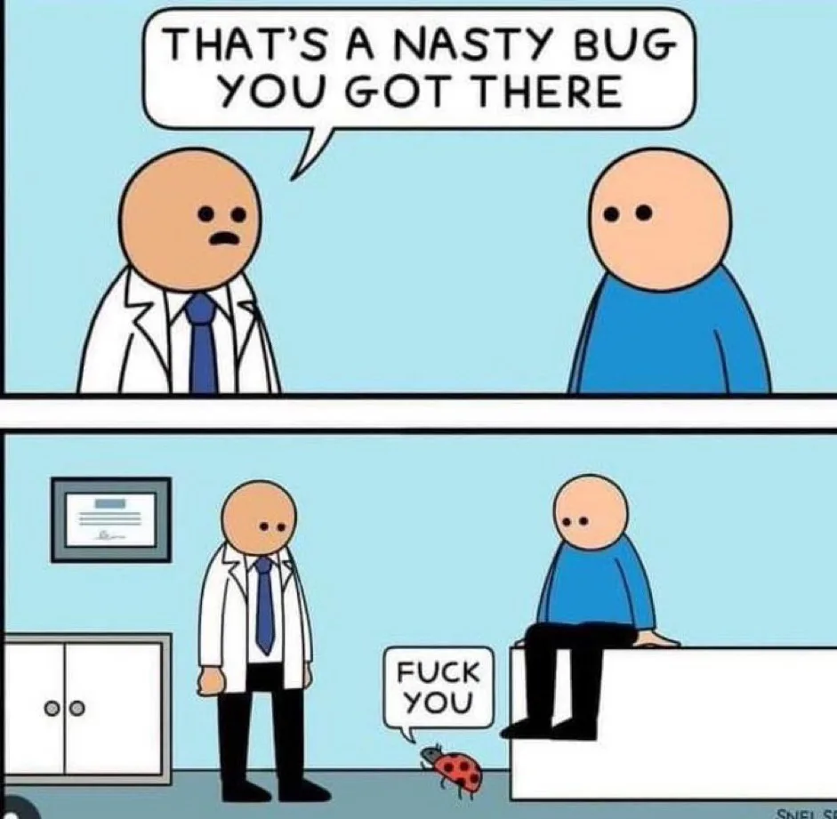 A two-panel cartoon shows a doctor in a white coat telling a patient in a blue shirt, 'THAT'S A NASTY BUG YOU GOT THERE.' In…