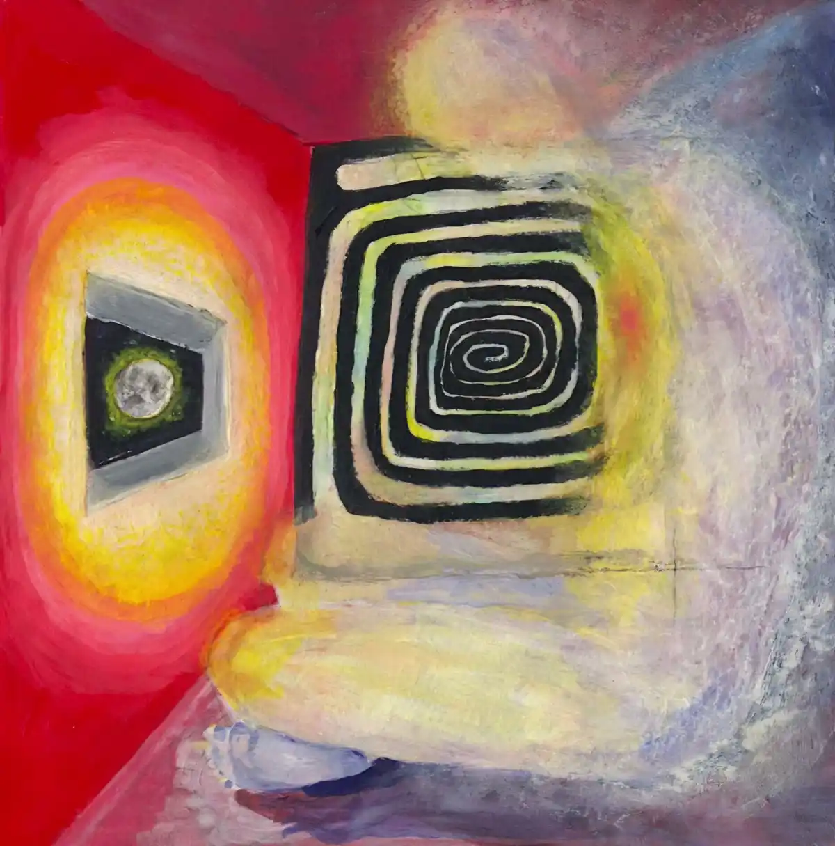 An abstract painting depicts a stylized face with one eye as a square window showing a moon and the other as a spiraling…