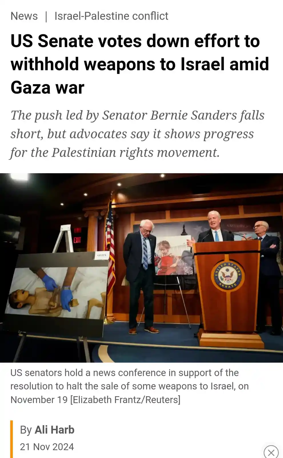 A news article screenshot shows US senators at a press conference, with Senator Bernie Sanders standing beside a large photo…