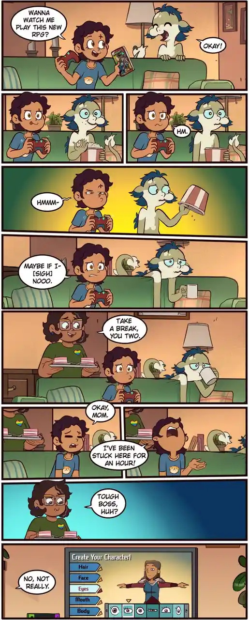 A comic strip shows a boy inviting his dragon-like friend to watch him play a new RPG. The friend eagerly agrees, but soon…