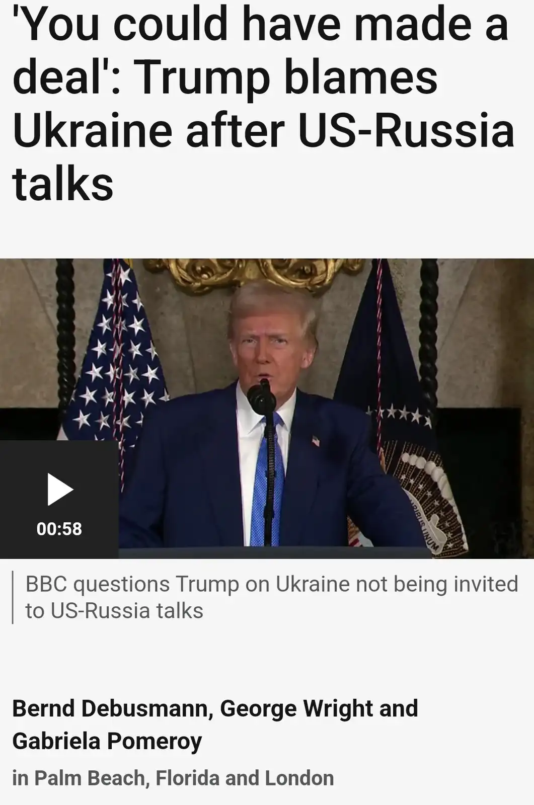 A screenshot of a BBC news article shows a video thumbnail of Donald Trump speaking at a podium with American flags behind…