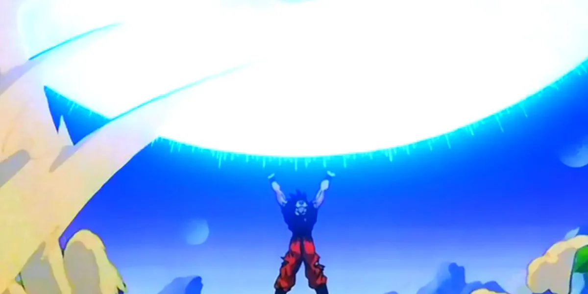 An anime character with spiky black hair and red pants stands with arms raised, facing a massive, glowing blue energy sphere…
