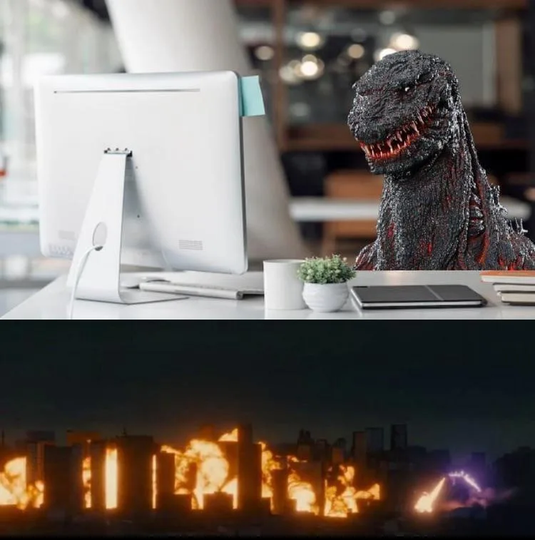 The top half shows a realistic Godzilla head peeking over a modern office desk next to a computer monitor, keyboard, and…