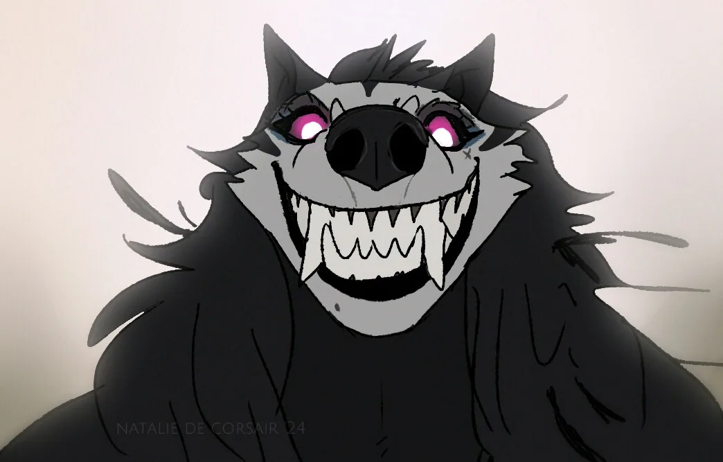 An animated black wolf with glowing pink eyes, sharp fangs, and a wide, menacing grin stares directly at the viewer. The…