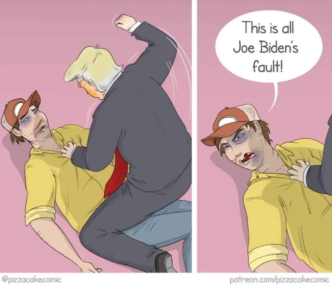 A two-panel comic shows a cartoon Donald Trump punching a cartoon Joe Biden in the first panel, and in the second panel…