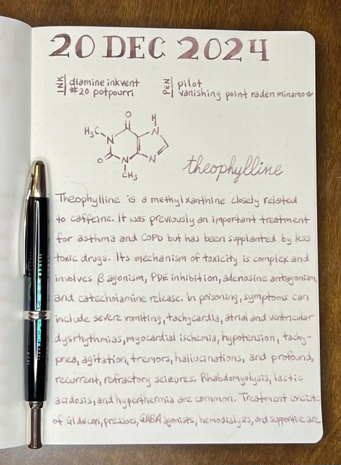 A handwritten notebook page dated '20 DEC 2024' shows a chemical structure and detailed medical text about theophylline…