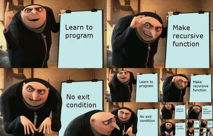 A four-panel meme featuring Gru from Despicable Me. In the first panel, he holds a sign saying 'Learn to program'. In the…