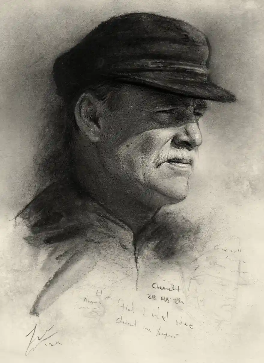A charcoal sketch of an older man in profile wearing a cap and collared shirt, with handwritten text overlaid on his chest…