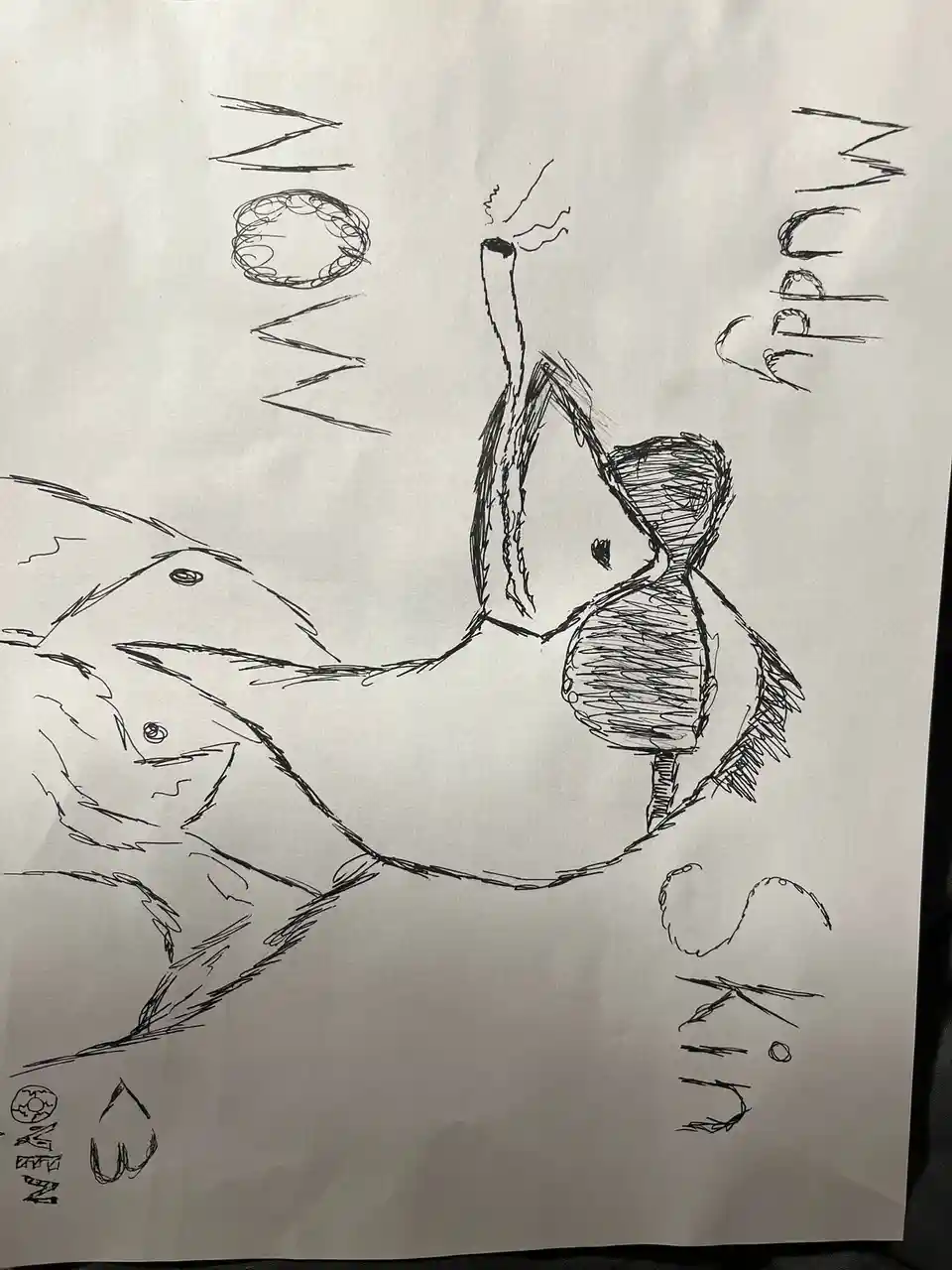 A crude black-and-white sketch shows a person with a large belly and a long neck, seemingly in a state of distress or…