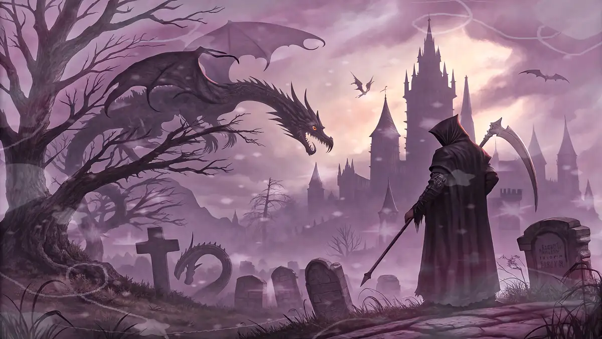 A dark fantasy scene depicts a grim reaper in a black hooded robe holding a scythe, standing in a misty graveyard with…