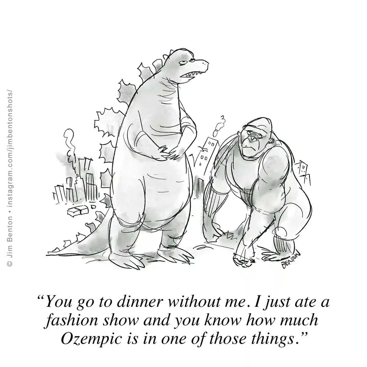A black-and-white cartoon depicts Godzilla standing upright with a smug expression, while King Kong crouches nearby looking…