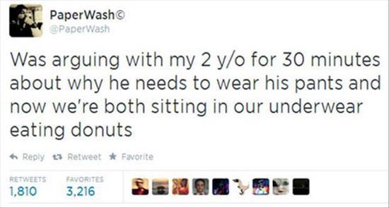 A screenshot of a tweet from PaperWash@PaperWash showing a humorous parenting anecdote where a parent and their 2-year-old…