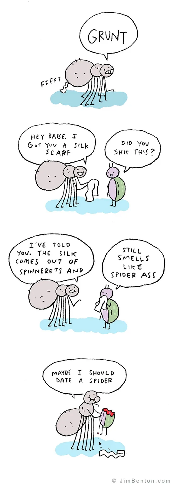 A four-panel comic strip featuring cartoon spiders and an insect-like partner. In the first panel, a spider grunts while…