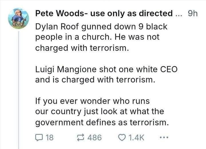 A screenshot of a social media post by 'Pete Woods' that contrasts the legal treatment of two shooters: Dylan Roof, who…