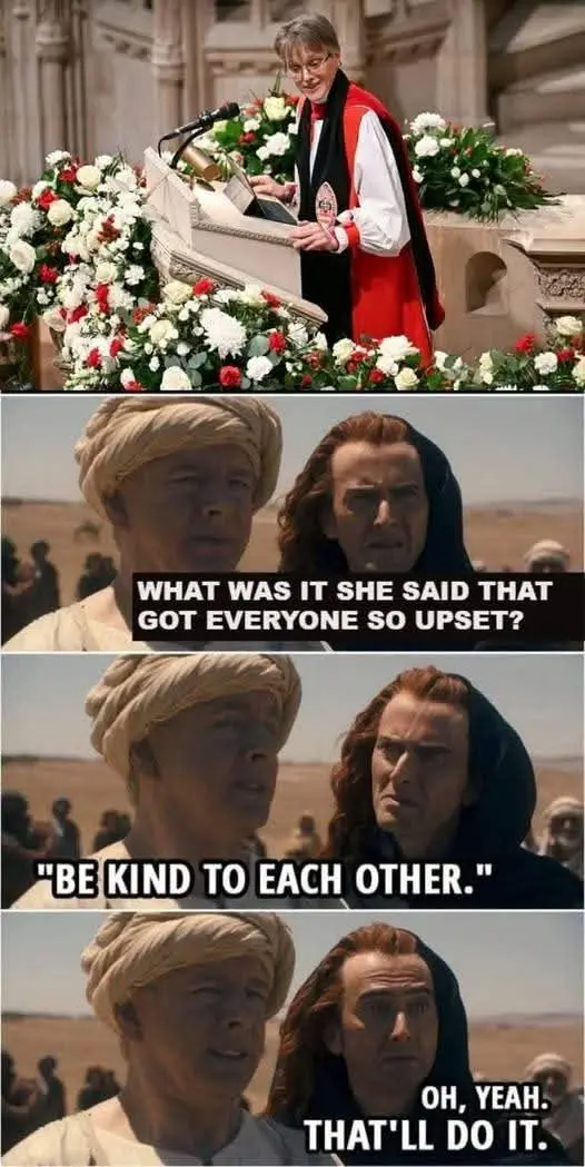 A four-panel meme featuring a woman in academic regalia speaking at a podium surrounded by flowers, followed by scenes from…