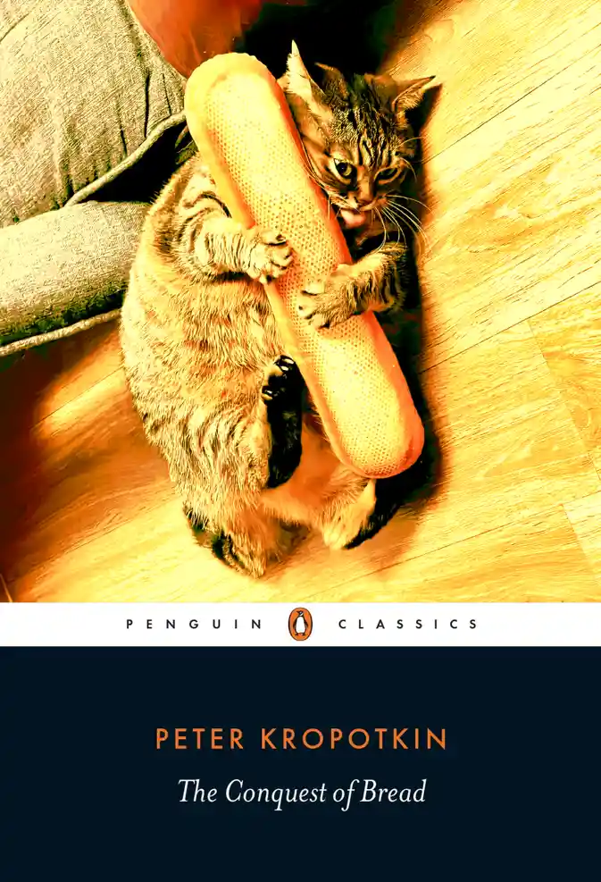 A tabby cat is shown holding a long, orange, textured object resembling a bread roll or a cat toy, looking directly at the…