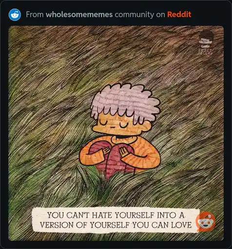 A hand-drawn cartoon depicts a child with purple hair sitting in tall grass, hugging their knees with a serene expression…