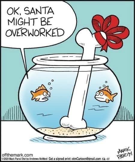 A cartoon fishbowl contains two small orange fish looking up at a giant white bone sticking out of the water, topped with a…