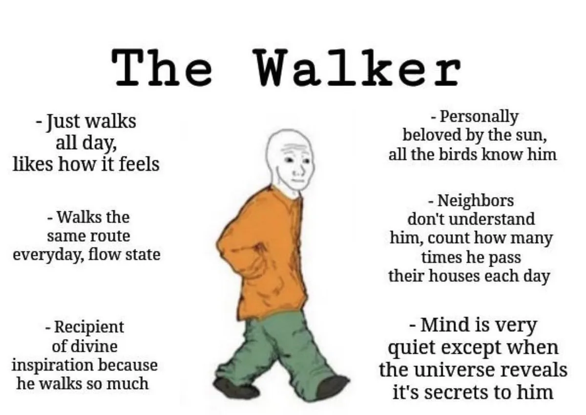 A cartoon drawing of a bald man in an orange shirt and green pants walking, with text around him describing him as 'The…