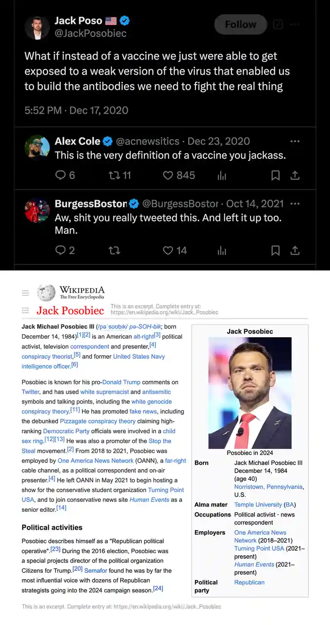 The image displays a screenshot of a Twitter thread featuring a tweet from Jack Posobiec suggesting a weak virus exposure as…