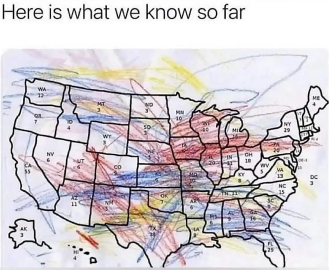 A hand-drawn map of the United States with each state labeled with a two-letter abbreviation and a number, overlaid with the…