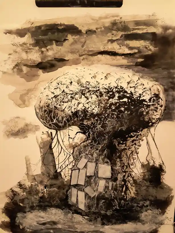 A sepia-toned, abstract painting depicts a large, mushroom-cloud-like shape with tangled roots and fragmented rectangular…