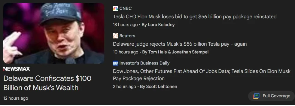 A screenshot of a Newsmax headline claiming Delaware confiscated $100 billion of Elon Musk's wealth, juxtaposed with three…